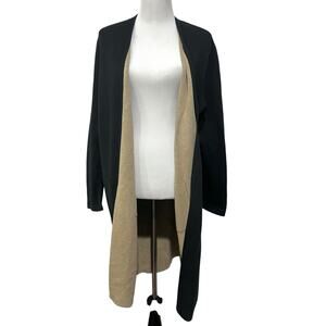J. Jill Long Duster Cardigan Sweater Black Camel Open Front Pockets Women’s L